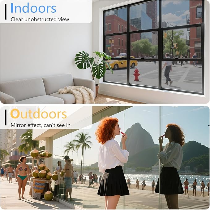 Finnez One Way Privacy Window Film Reflective Mirror Home Window Tint Film Heat Blocking No Glue Static Cling See Out Not in Glass Door Covering (Silver,23.6 Inch X 13.1 Feet)