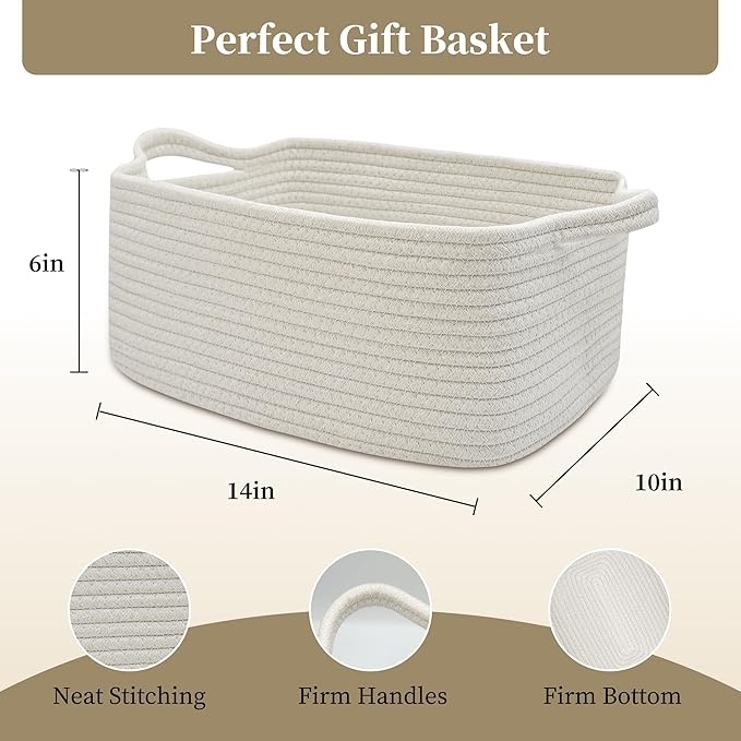 Gift Baskets Empty for Kids, Valentines Day Basket Woven Storage Basket for Gifts Small Rope Basket for Toy Baby Shower Baskets for Diaper Caddy White, 14 x 10 x 6 inches