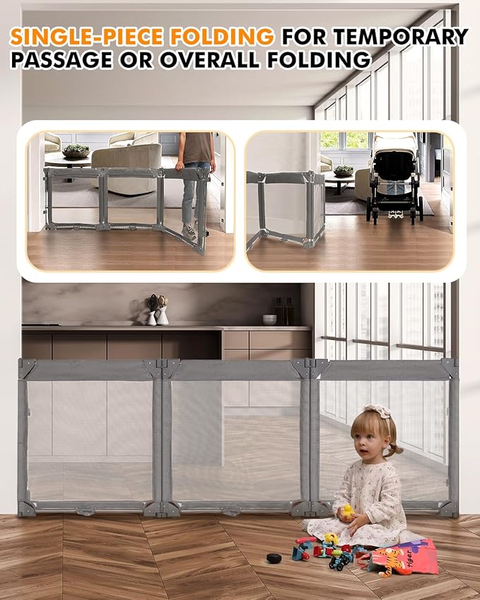 Dearlomum Extra Wide Baby Gate Playpen with Heat-Resistant Mesh,3 Panel Foldable Baby Fence,Indoor/Outdoor Safety Barrier,Dog Playpen &Fireplace Gate,Grey