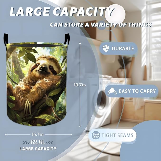 Relaxed Sloth in Lush Green Forest Laundry Basket with Handles, 19.7"x15.7" Clothes Foldable Laundry Hamper Organizer for Dorm Nursery Bedroom Bathroom Decor, Toy Storage Bin for Kids