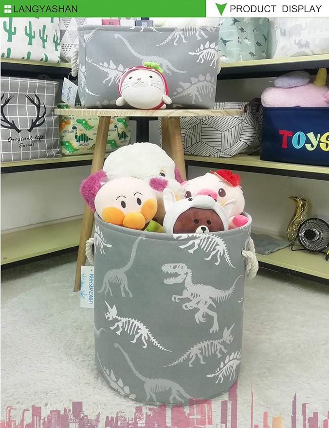 LANGYASHAN Laundry Basket Canvas Collapsible Organizer Storage Basket for Boys Girls Laundry Hamper Toy Bins Gift Baskets Bedroom Clothes Children Nursery (Gray Dinosaur skeleton)