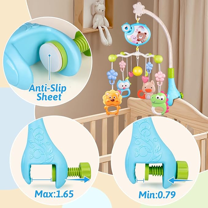 Crib Mobile with Music and Lights, Baby Mobiles for Cribs, Nursery Musical Mobile for Bassinets Toys Hanging Girls Boys, Pack and Play Space Portable Animal Mobile Hanger Arm Clip On Attachment