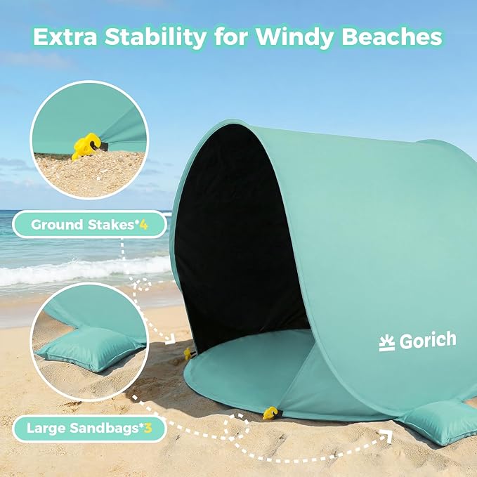 Gorich Pop Up Baby Beach Tent with UPF50+ UV Protection, Portable Toddler Sun Shelter with Mesh Ventilation, Lightweight & Foldable Play Shade Tent for Beach, Park & Backyard