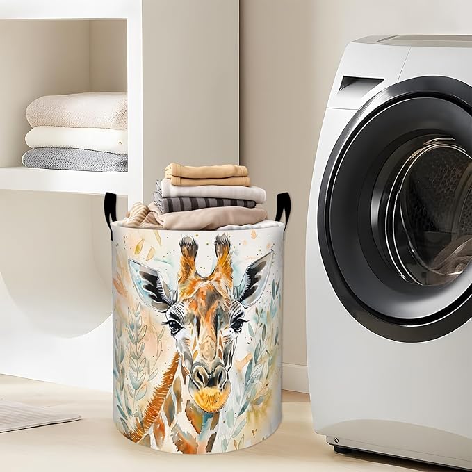 Watercolor Giraffe with Leaves Laundry Basket with Handles, 19.7"x15.7" Clothes Foldable Laundry Hamper Organizer for Dorm Nursery Bedroom Bathroom Decor, Toy Storage Bin for Kids