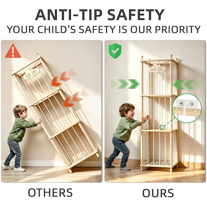 Stuffed Animal Storage Zoo - 54 Inch Large Wooden Toy Organizer | Anti-Tip Design Plushie Storage Rack for Nursery & Playroom | Easy Assembly