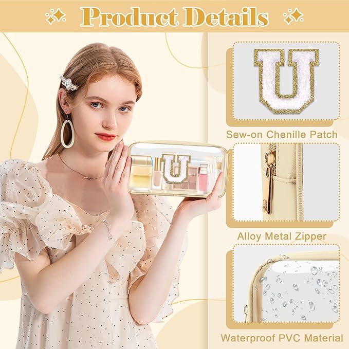 Personalized Initial Letter Clear Makeup Bag,Preppy Small Nylon&PVC Cosmetic Zipper Bag with Chenille Letter,Portable Beach Travel Skincare Toiletry Bag,Trendy Monogram Gift for Teen Girls Women,U