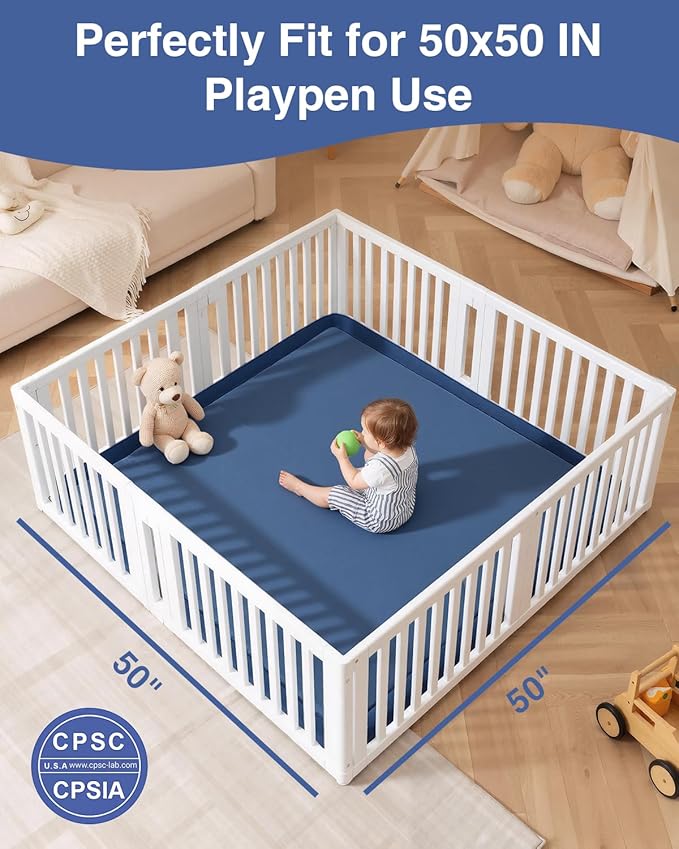 Baby Play Mat for Floor,1.3" Thick 50x50 Playpen Mat,Tummy Time Foam Mats,Plush Soft Padded Playmate for Babies 6-12 Months Crawling,Non-Slip Nursery Rug for Toddler Kids Playroom(Navy Blue)