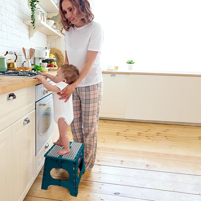 Flottian 11" Folding Step Stool for Adults and Kids Holds Up to 300 lbs,Non-Slip Folding Stools with Portable Handle, Compact Plastic Foldable Step Stool for Bedroom, Kitchen Turquoise Green,1PC