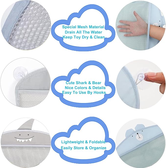 Storawo 2 Pack Mesh Bath Toy Organizer, Cute Shark & Bear Bath Toy Storage Net Bathtub Toy Organizer, Perfect Bathroom Hanging Storage Bag Quick Dry Bath Toy Holder Bag with 8 Strong Hooks (Set A)