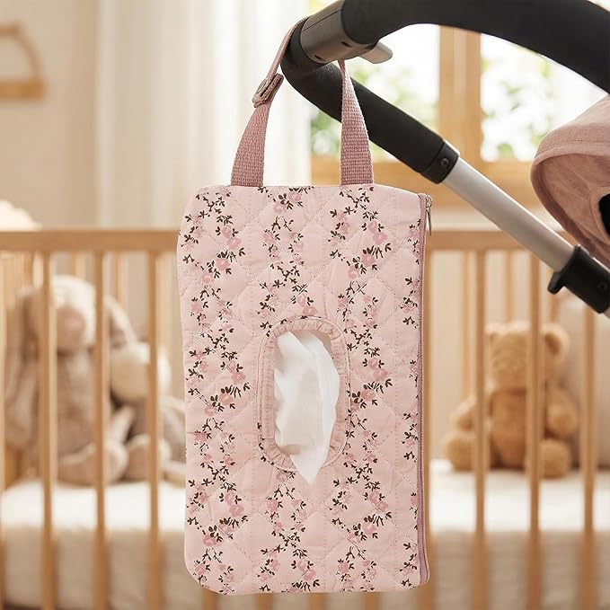 HIBEAR Quilted Diaper Wipe Pouch Portable Mommy Bag Refillable Floral Baby Wipe Holder for Travel Stroller Daily Casual (red-)