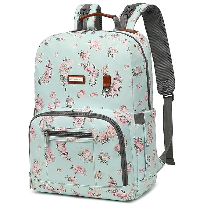 BILLITON MASHI Diaper Bag Backpack, Large Baby Nappy Bags with Portable Changing Pad for Boys and GirlsMultifunction Travel Baby Bag for Moms Dads, Shower Gifts Waterproof and Stylish，Flower Green