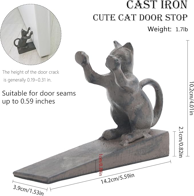 Cat-Shaped Door Stopper for Indoor Use - Non-Scratch Heavy Duty 2.5LB Vintage Cast Iron Cat Door Stopper, Retro-Style Home Accessory for Secure Door Holding