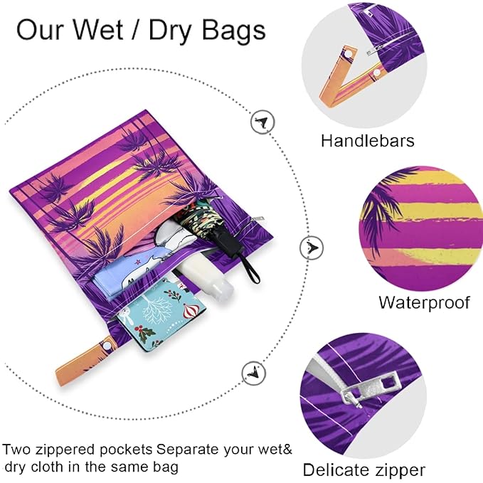 visesunny Tropical Sea Sunset 2Pcs Wet Bag with Zippered Pockets Washable Reusable Roomy for Travel,Beach,Pool,Daycare,Stroller,Diapers,Dirty Gym Clothes, Wet Swimsuits, Toiletries