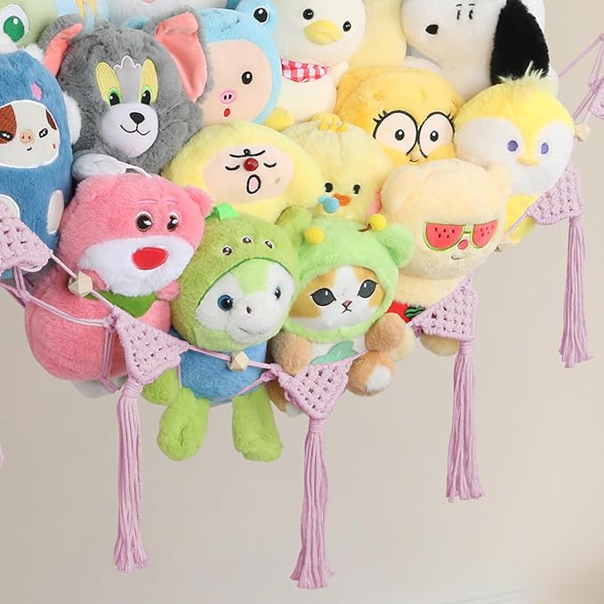 Stuffed Animal Hammock Corner, 57 Inch Large No Drilling Handcrafted Plushie Net for stuffed animals Storage,Natural 100% Cotton Boho Macrame Stuffy Hammock Plushies Storage for Kid Room Nursery(Pink)