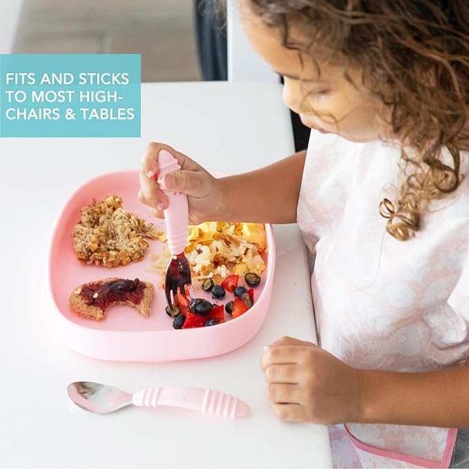 Bumkins Toddler and Baby Suction Plate, Silicone Grip Dish Large Tray for Big Kids, Fits Most Highchairs, Essential Children Feeding Supplies, Non Skid Sticky Bottom, Platinum Silicone, Pink