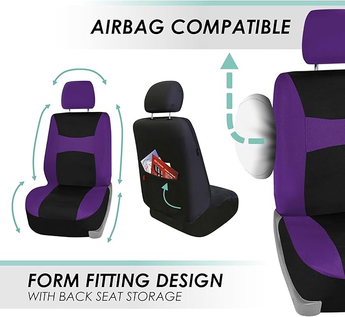 FH Group Full Set Car Seat Covers Cloth, Universal Fit combo, Set with Steering Wheel Cover and Seat Belt Pad fits Most Cars, SUVs, Trucks Purple