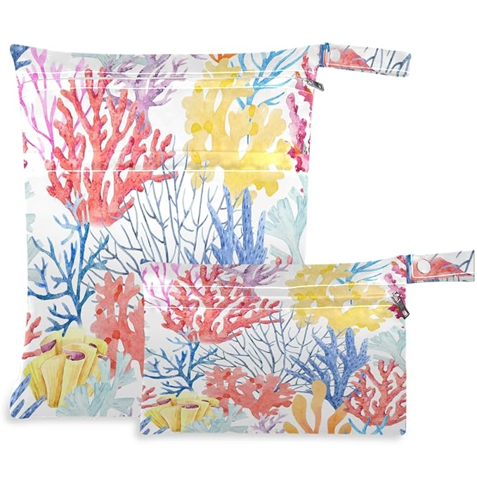 visesunny Colorful Coral Thick 2Pcs Wet Bag with Zippered Pockets Washable Reusable Roomy for Travel,Beach,Pool,Daycare,Stroller,Diapers,Dirty Gym Clothes, Wet Swimsuits, Toiletries