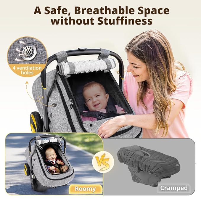 Bioby Waterproof Baby Car Seat Cover, Infant Car Seat Cover for Boy Girl, Roomy Cozy Windproof Sun Protection Baby Carseat Covers Canopy with Breathable Net and Holes, Universal Fitted Gray