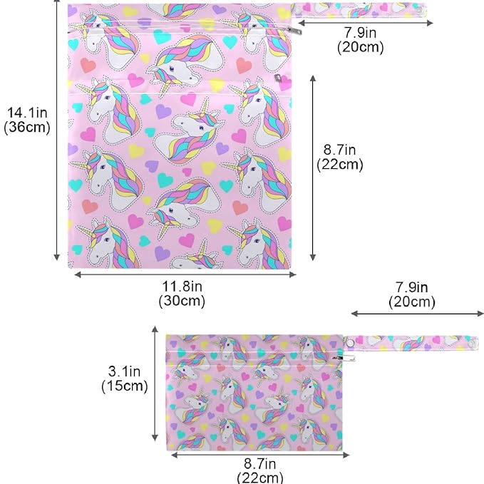 visesunny Cartoon Unicorn Colorful Heart 2Pcs Wet Bag with Zippered Pockets Washable Reusable Roomy for Travel,Beach,Pool,Daycare,Stroller,Diapers,Dirty Gym Clothes, Wet Swimsuits, Toiletries
