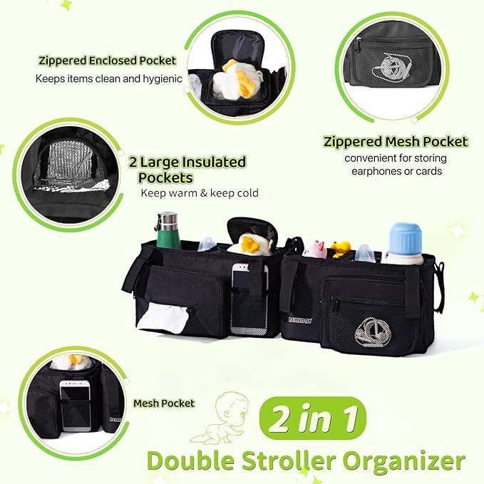 Double Stroller Organizer Compatible with BOB Duallie and Baby Jogger City Mini GT2 Double Stroller, Double Baby Stroller Accessories with 2 Cooler Pockets , Black(Empty Bag)
