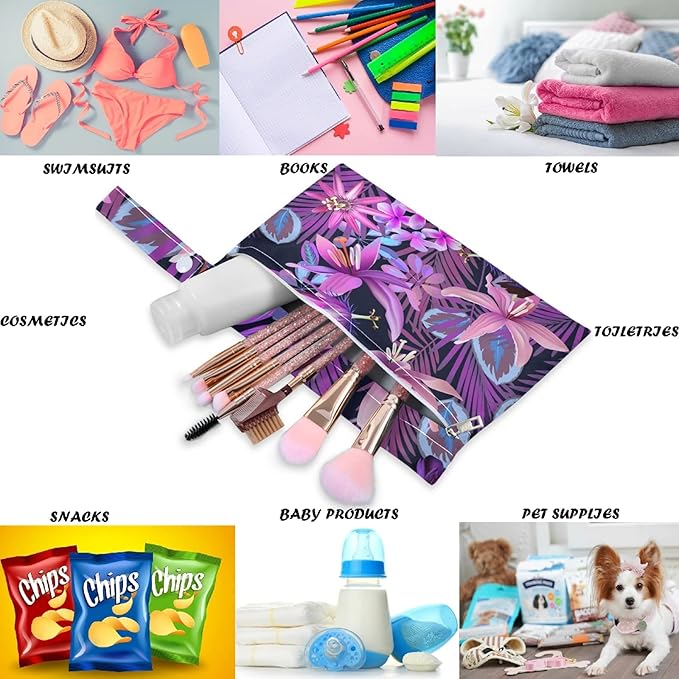 visesunny Tropical Purple Flower Palm 2Pcs Wet Bag with Zippered Pockets Washable Reusable Roomy for Travel,Beach,Pool,Daycare,Stroller,Diapers,Dirty Gym Clothes, Wet Swimsuits, Toiletries