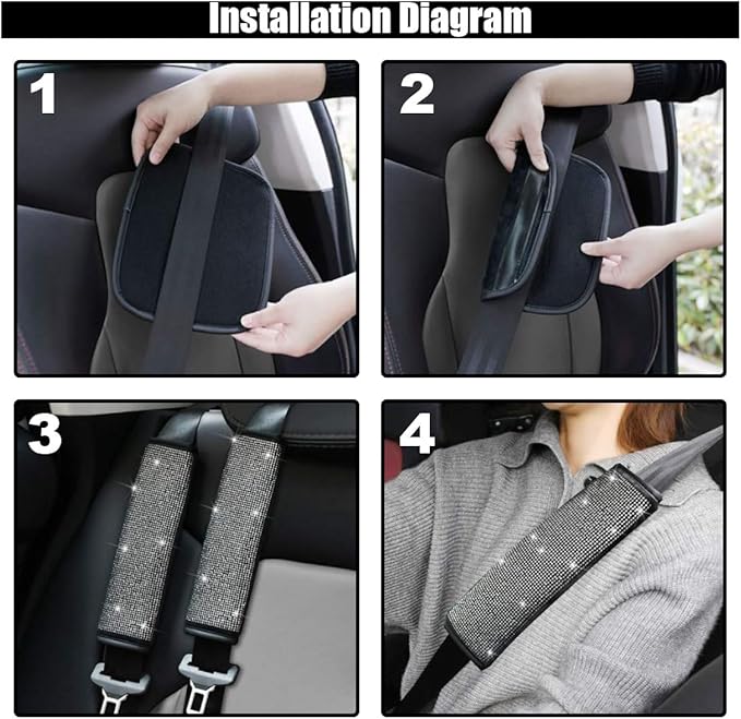 2PCS Bling Car Seat Belt Shoulder Pads, Bling Rhinestones Seat Belt Covers for Women, Car Seatbelt Strap Pad with Crystal Diamond, Car Interior Accessories for Car SUV (White Diamond)