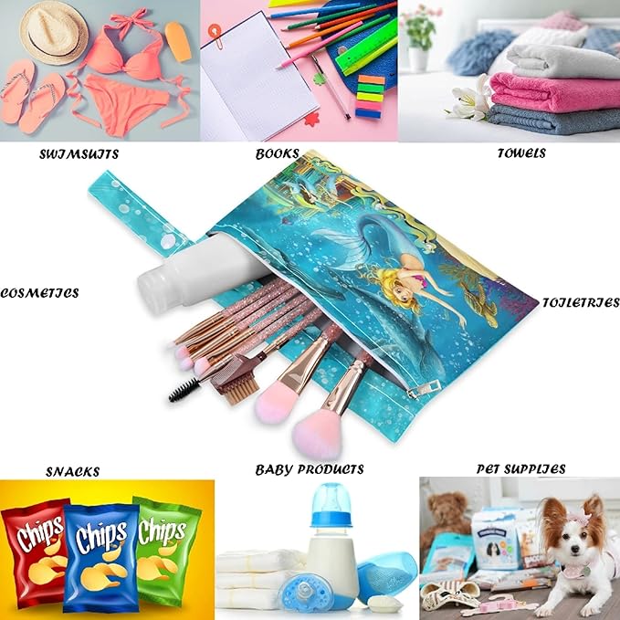 visesunny Cartoon Ocean And The Mermaid In Underwater Kingdom Swimming With Whales 2Pcs Wet Bag with Zippered Pockets Washable Reusable Roomy for Travel,Beach,Pool,Daycare,Stroller,Diapers,Dirty Gym C