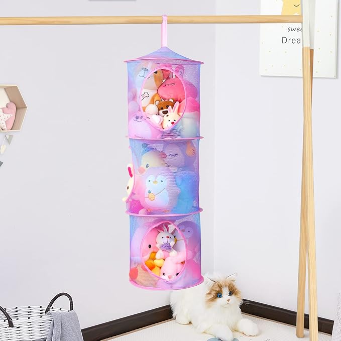 Basumee Stuffed Animals Net or Hammock 2 Pcs Stuffed Animals Storage Toy Net Hammock for Plushies Storage Organizer Mesh Kids Girls Room Decor, Rainbow, 3 Tiers