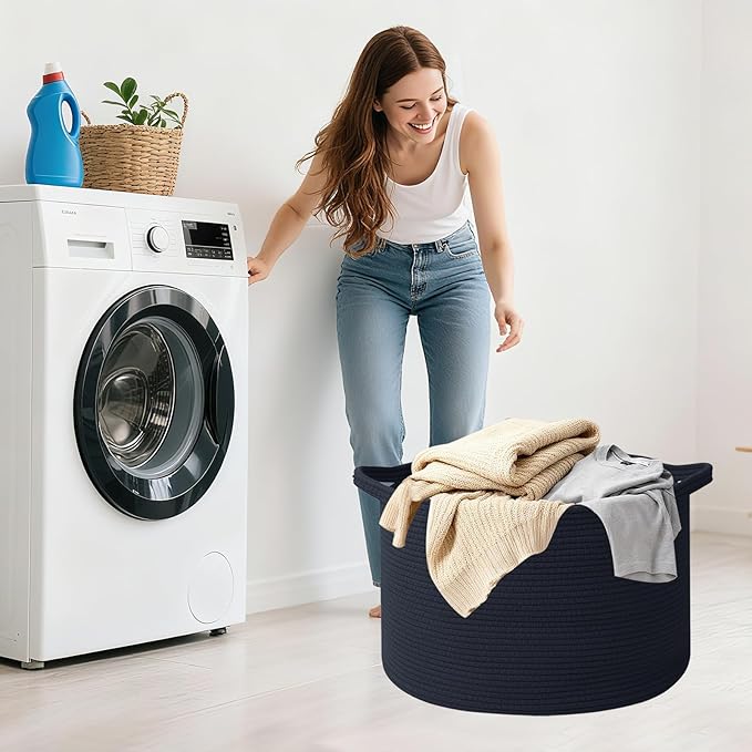 Large Storage Basket with Handle,19.7" L x 19.7" W x 13" H Blanket Basket Storage Bins for Organizing,65L Cotton Rope Woven Baskets for Living Room, Nursery,Bedroom,Navy