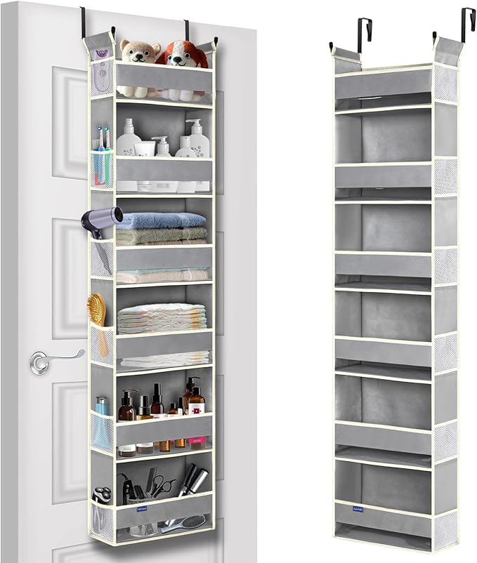 roomtalk Over The Door Organizer 6-Shelves and 12 Side Pockets, Over The Door Storage for Bathroom Bedroom Nursery, Hanging Door Organizers for Baby Diapers and Kids Toys (13"x5"x54", Grey)