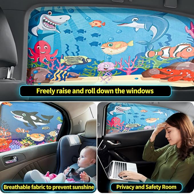 MOVINPE Car Window Shade for Baby, 2-Pack Breathable Mesh Rear Window Screens, Universal Stretchable Sun Shades, Heat and UV Block, Privacy Shield for Toddler Kids Babies (Undersea)