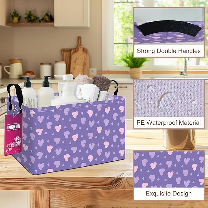 INGHUA Rectangular Storage Basket Fabric Organizer Bin for Toys,Books,Clothes,Gifts,Pets-Perfect for Home,Office,Nursery,Dorm,Shelf(Rec-Purple hearts)