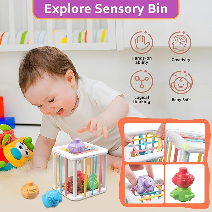 Weilim Baby Toys for 6 to 12 Months, Montessori Sensory Bins & Teething Toys, 6 in 1 Stacking Blocks, Rings, Eggs, Spinner, Crab Shape, 27 Pieces, Ages 6-36 Months
