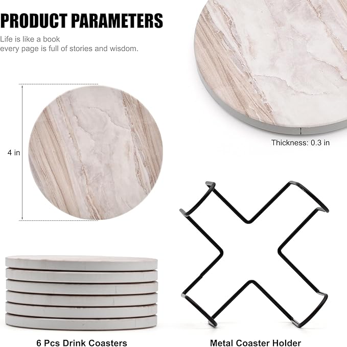 Hoewina 6Pcs Drink Coasters with Holder, Natural Style Ceramic Drink Coaster, Absorbent Coasters Set Suitable for Kinds of Cups, Modern Style Coasters for Coffee Table, 4 Inches（Style 5）