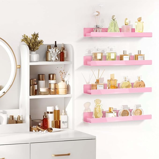 RORKIM 4 Pack 15 Inch Pink Acrylic Shelves, Kids Floating Bookshelf for Kids Room, Modern Nail Polish Rack Sunglasses Essential Oil Picture Ledge Display Toy Storage Wall Shelf