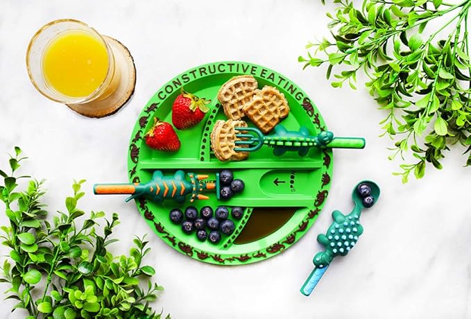 Constructive Eating Plate and Utensils Set - USA-Made Toddler Dinnerware with Divided Plates (Dinosaur)