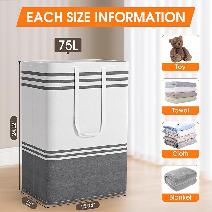4 Pack Large Laundry Baskets, Laundry Hampers, Freestanding Waterproof Collapsible Clothes Bag with Extended & Reinforced Handles - Clothes Basket for Dorm, Bathroom, Home (75L)