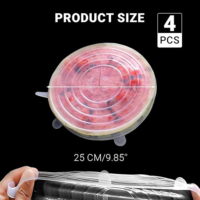 WUMUZAI 4 Pack 9.8in Reusable Silicone Stretch Lids, Silicone Bowl Covers for Food Storage, Universal Stretchable Lids for Containers Produce, Elastic Expandable Seal Cover, Microwave Freezer Safe