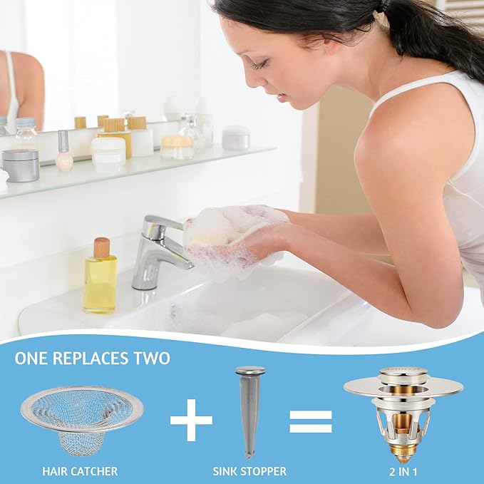 QYHNYJF Bathroom Sink Stoppers Brushed Nickel – Pop Up Drain Stopper & Strainer, 2-in-1 Universal Sink Stopper for 1.1" to 1.5" Bathroom Sink Drain Pipes, Brushed Nickel Finish