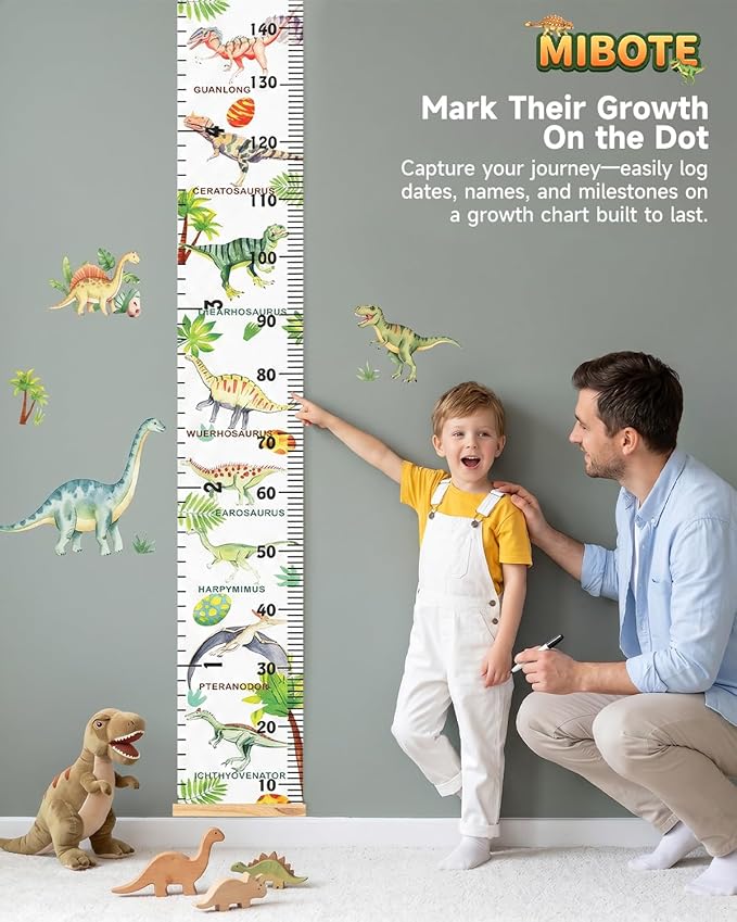 Mibote Baby Growth Height Chart Handing Ruler Wall Decor for Kids, Canvas Removable Height Growth Chart 79" x 7.9" (Various Dinosaurs)