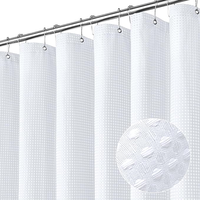 MitoVilla White Waffle Shower Curtain 72 x 78, Weighted Fabric Long Shower Curtain Set, Modern Farmhouse Shower Curtain for Bathroom Decor, Luxury Hotel Cloth Shower Curtains 78 inch Long