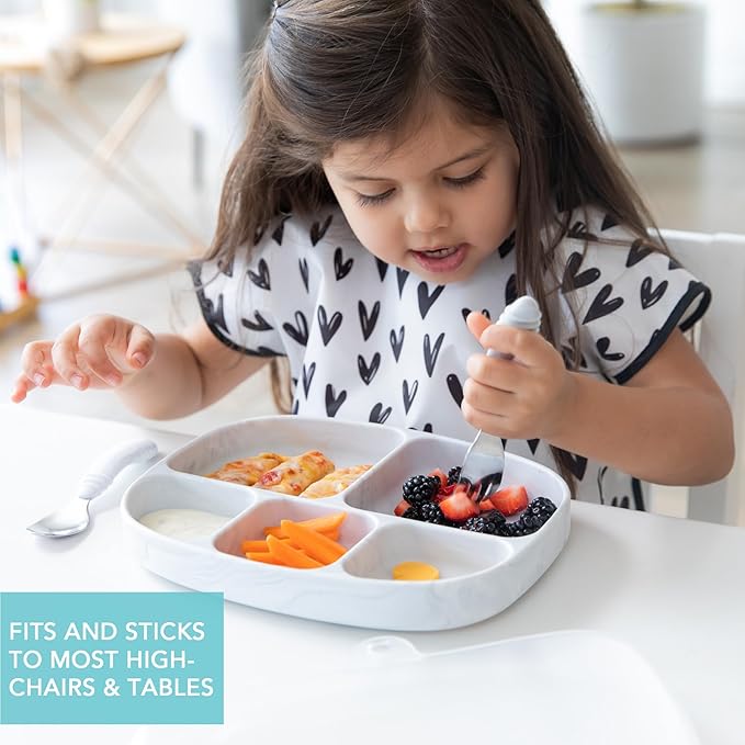 Bumkins Toddler and Baby Suction Plate, Silicone Divided Grip Dish and Lid, Large 5-Section Tray for Kids, Essentials in Children Feeding Supplies, Non Skid Stick Bottom, for Ages 6 Months Up, Marble