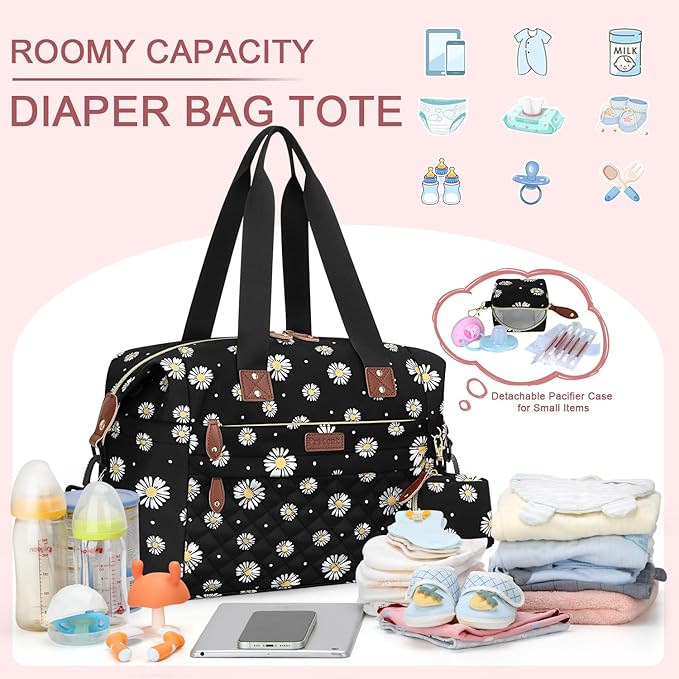 Diaper Bag Tote - Diaper Baby Bags with Pacifier Case, Shoulder Straps, Stroller Clips, Waterproof Large Mommy Maternity Travel Baby Bag for Mom and Dad, Daisy, Medium