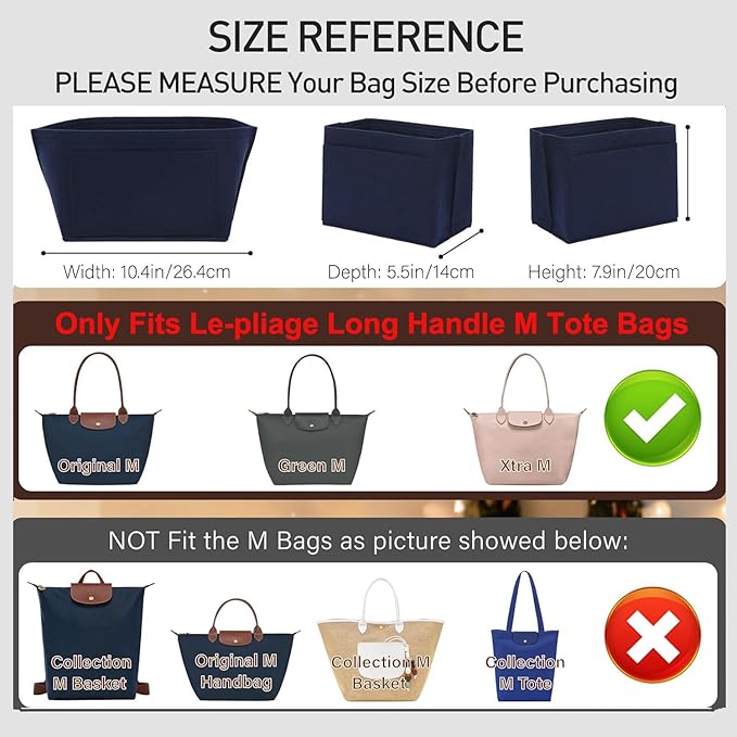 Felt Purse Organizer Insert Compatible with Longchamp Le Pliage M Tote Bag(Long Handle), Zipper Long Champ Medium Organizer with Cup Holder for Tote Handbags, 8 Compartments (Blue,M)