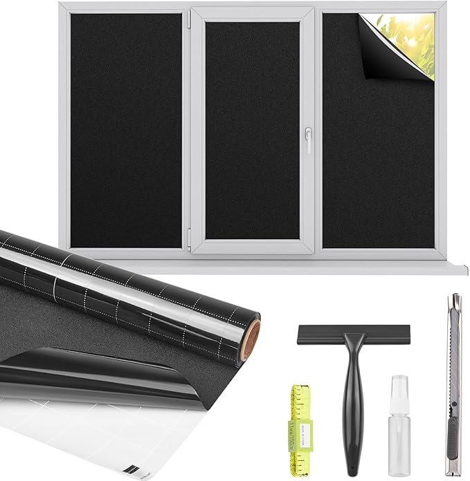 Kromapolis Blackout Window Privacy Film Total Light Blocking Room Darkening Window Covering, Removable Static Cling Frosted Glass Tint, Non-Adhesive, Black 45.2'' x 157.4''