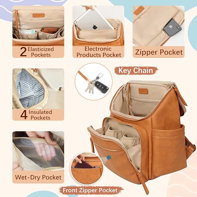 Omanmoli Diaper Bag Backpack Large Baby Diaper Bag Leather with 17 Diaper Bag Organizing Pouches,Changing Pad,Stroller Straps,4 Insulated Pockets,Honey