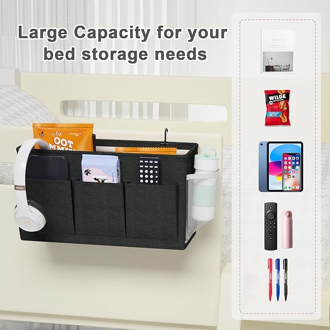 Edudif Dual-purpose Bedside Caddy Bedside Organizer, Bed Caddy with 6 Pockets, Versatile Bedside Storage Solution Magazine Remotes holder, ideal for Home, Dorm, Hospital, Crib Bed (Black)