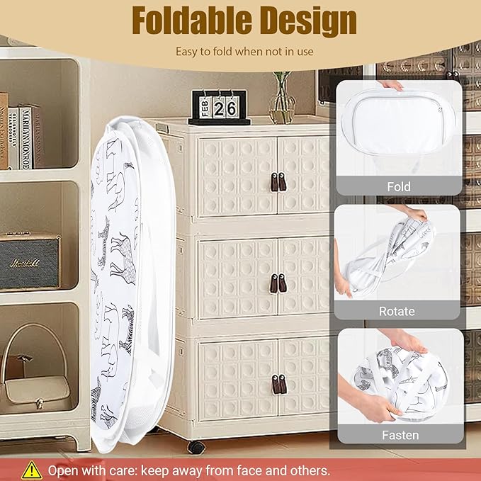 Collapsible Toy Box with Zipper Lid - Lightweight Stuffed Animal Storage Basket Organizer, Sturdy Foldable Toy Basket with Handles for Kids, Boys, Girls, Playroom, Bedroom - Animal Print, White