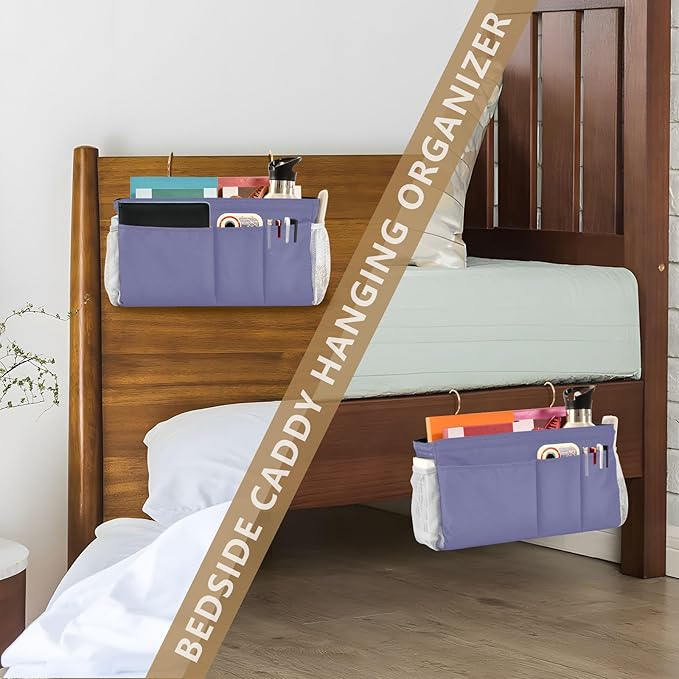 KOPIRIT Purple Bedside Caddy Storage Bag Bedside Organizer for College Dorm Top Bunk Bed Hanging Storage Organizer 6 Pockets with Hooks for Book Glasses Phone Holder