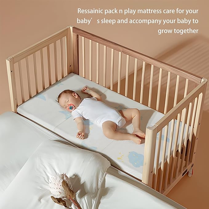 Pack and Play Mattress Pad, Trifold Portable Crib Pack N Play Mattresses, 38 * 26" Inch Jacquard Playpen Mattress for Travel Soft Breathable Play Yard Mattress with Washable Cover (Moon/Star-Trifold)